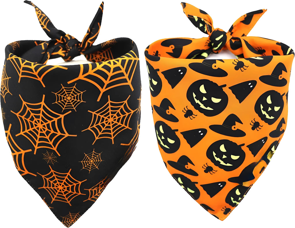Halloween dog bandana with pumpkin and spider web patterns on reversible black and orange triangle bib