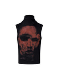 Black and white half turtleneck sleeveless T-shirt with character print, slim fit Korean style