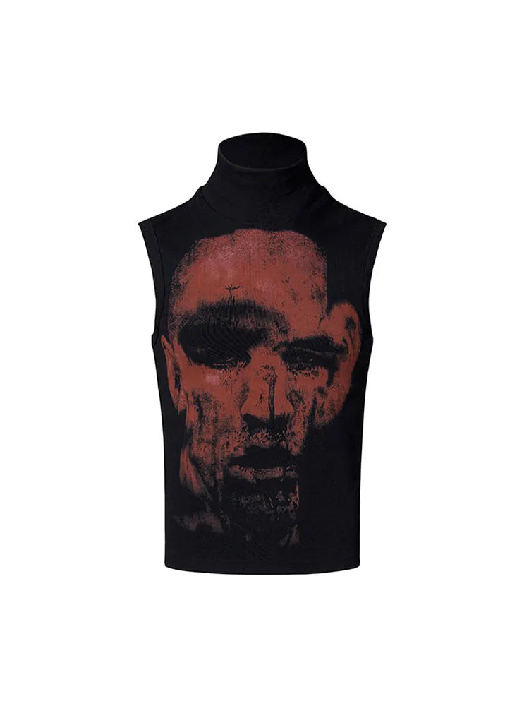 Black and white half turtleneck sleeveless T-shirt with character print, slim fit Korean style