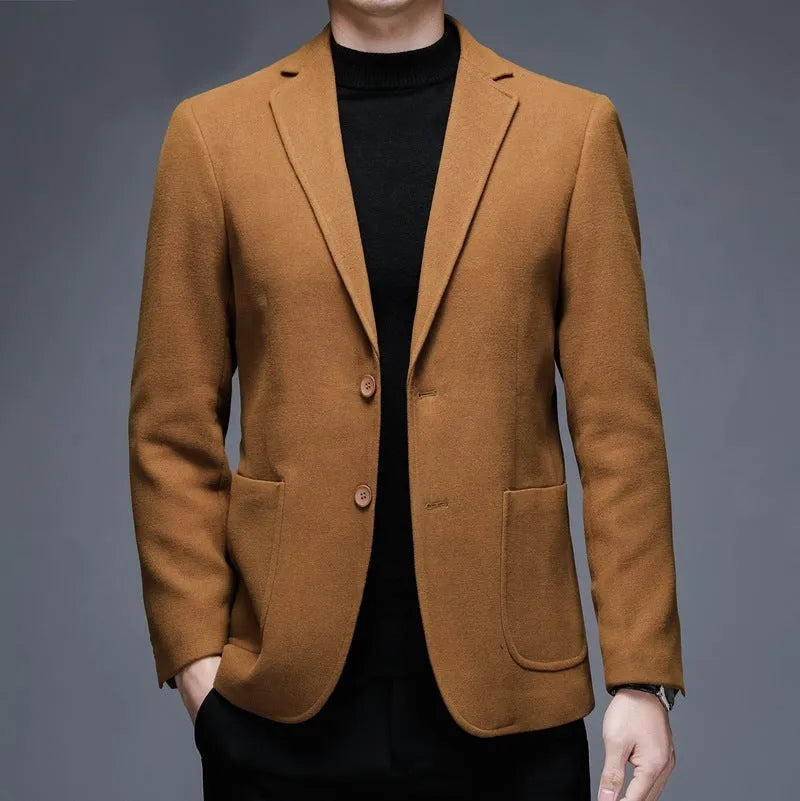Men's thick solid colour casual winter blazer jacket on a hanger