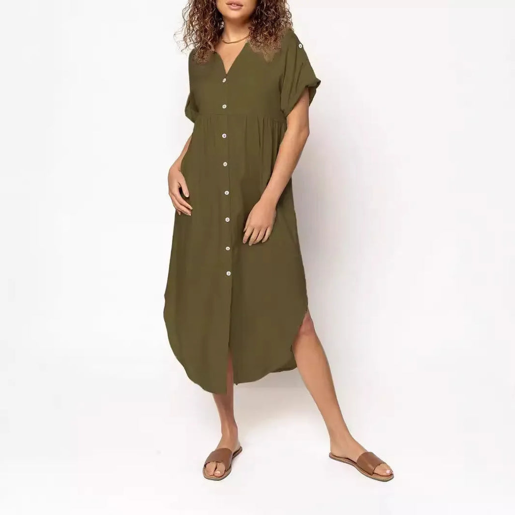 Mid-length solid colour casual dress with button front in pink black blue grey purple red army green apricot watermelon red featuring regular sleeves and mid-waist design