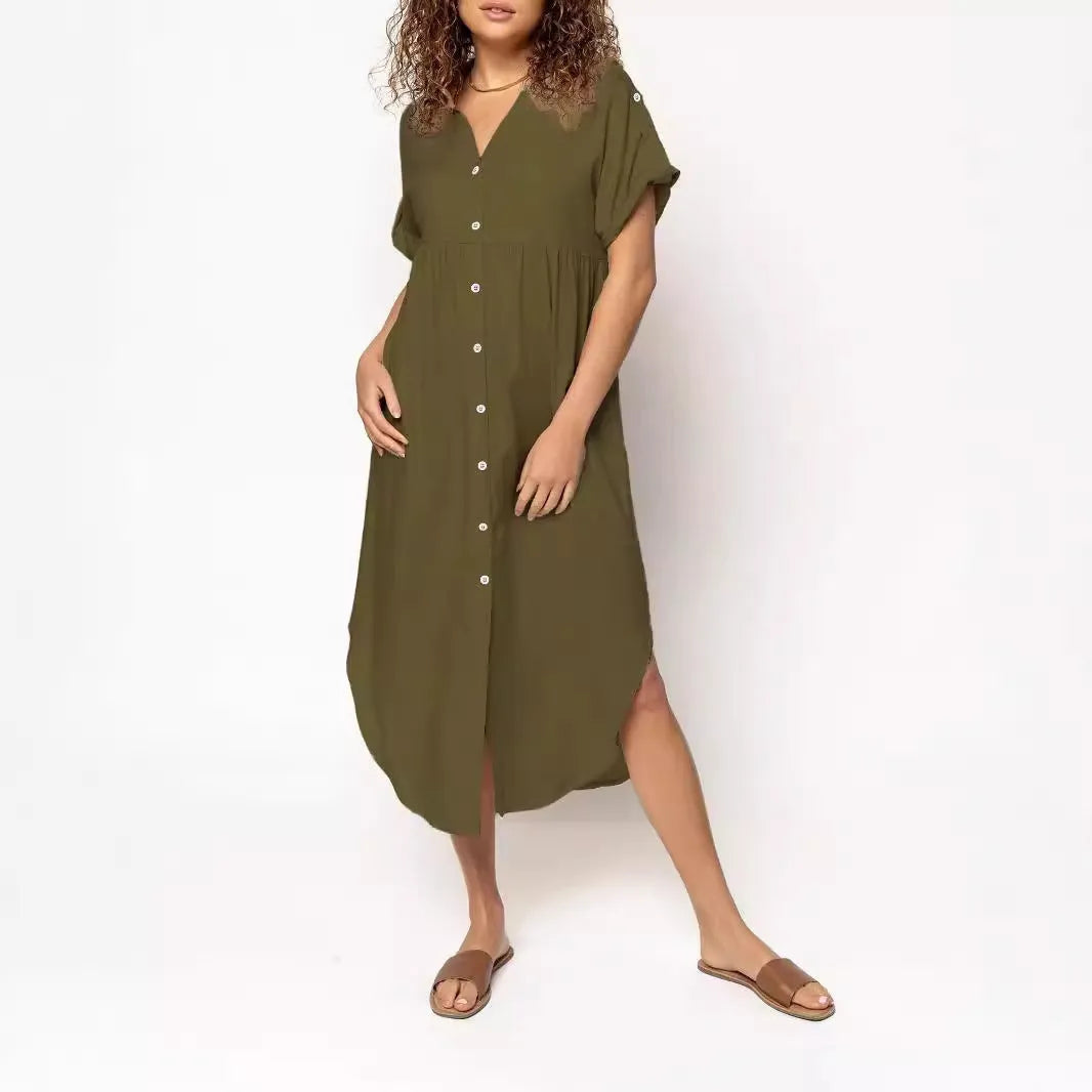 Mid-length solid colour casual dress with button front in pink black blue grey purple red army green apricot watermelon red featuring regular sleeves and mid-waist design