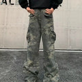 Korean style camouflage cargo pants with multiple pockets and a washed vintage finish.