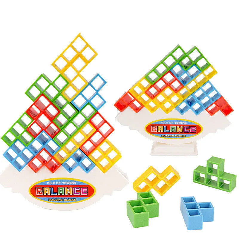 Plastic balance stacking board game with 16 coloured blocks, chassis, and base on a table