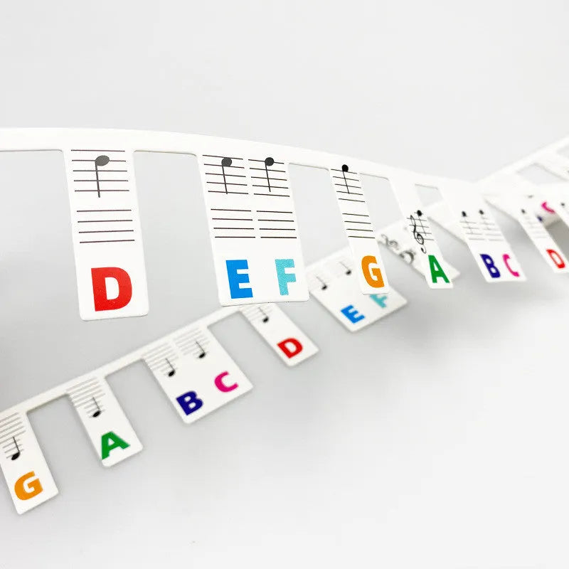88 key piano keyboard stickers set with colour note bars and black notes on white card material