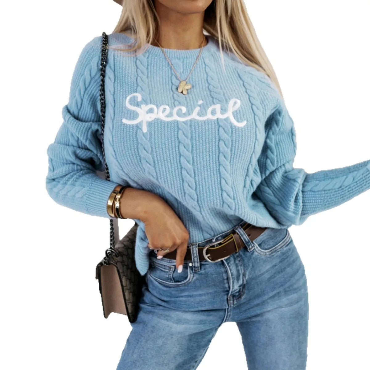 Blue crew neck pullover with white embroidered letters, street fashion style knitwear