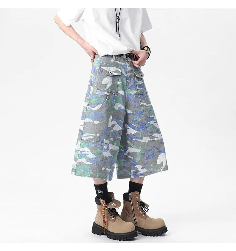 Cotton denim camouflage trousers with straight leg cut and large front pockets