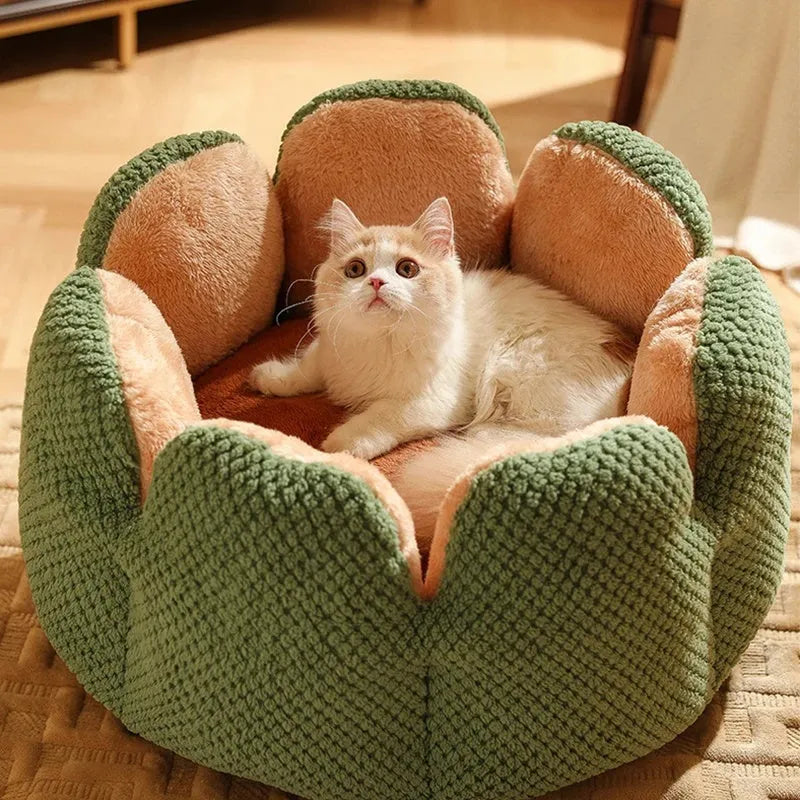 Green cactus petal shaped soft plush dog bed with a cave-like opening for cats and small dogs.