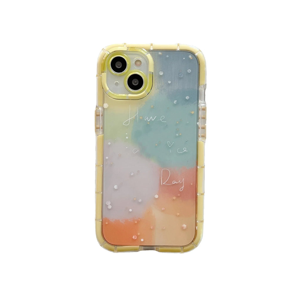 Minimalist contrast colour silicone iPhone case with yellow edge trim on phone