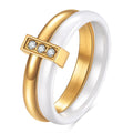 Women's ceramic ring with geometric design and zirconium detailing in steel black colour