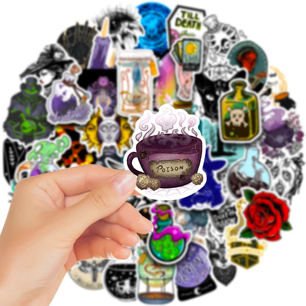 Pack of 50 colourful waterproof PVC stickers in various sizes from 3cm to 8cm on a white background.
