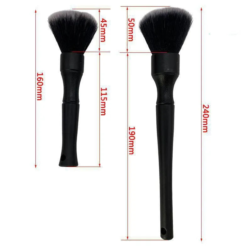 Black car detailing brush with ultra-soft pig hair bristles shown in 240mm and 160mm handle sizes.