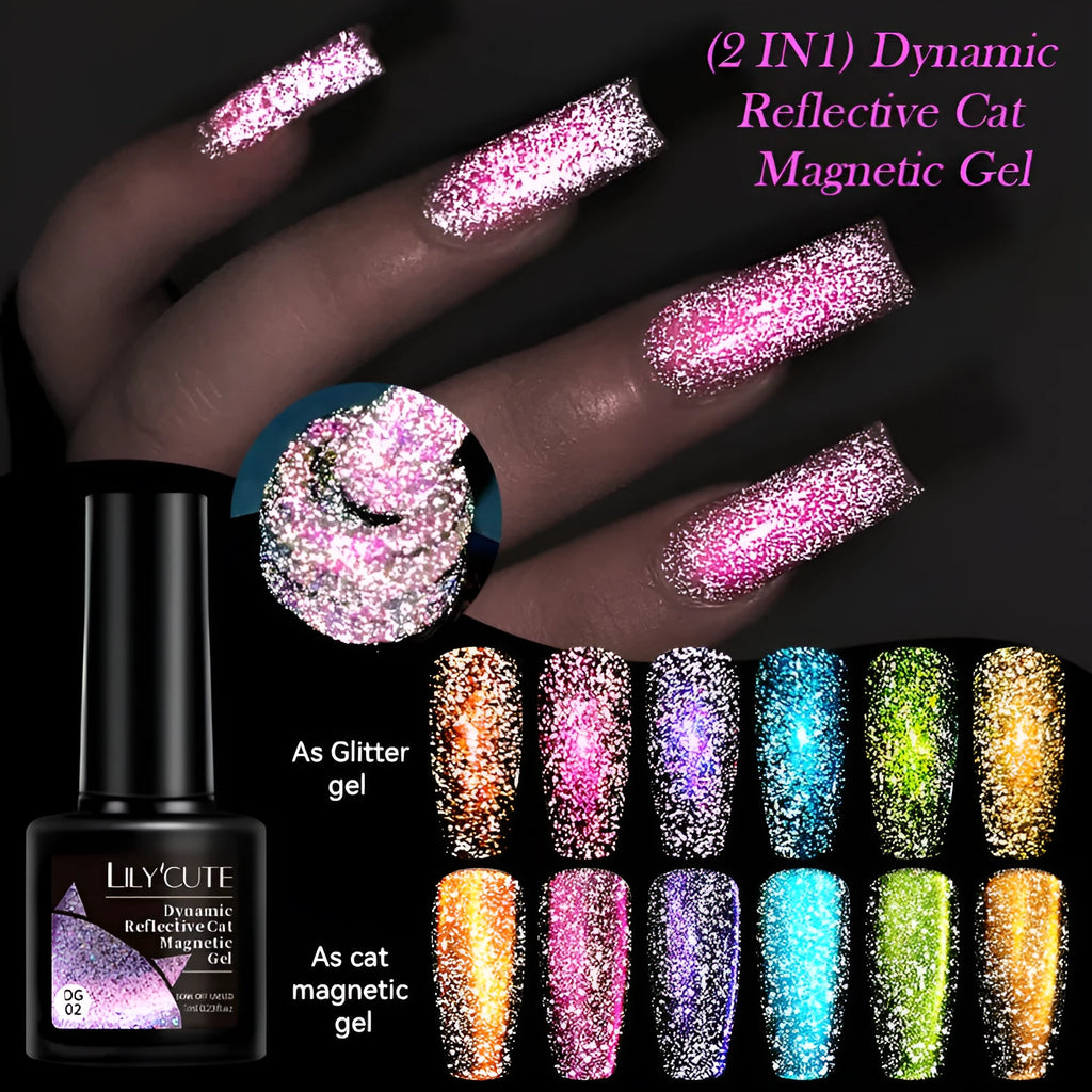 Cat eye series UV gel nail polish bottles showing diamond debris effect with glitter and fragments in six colour styles