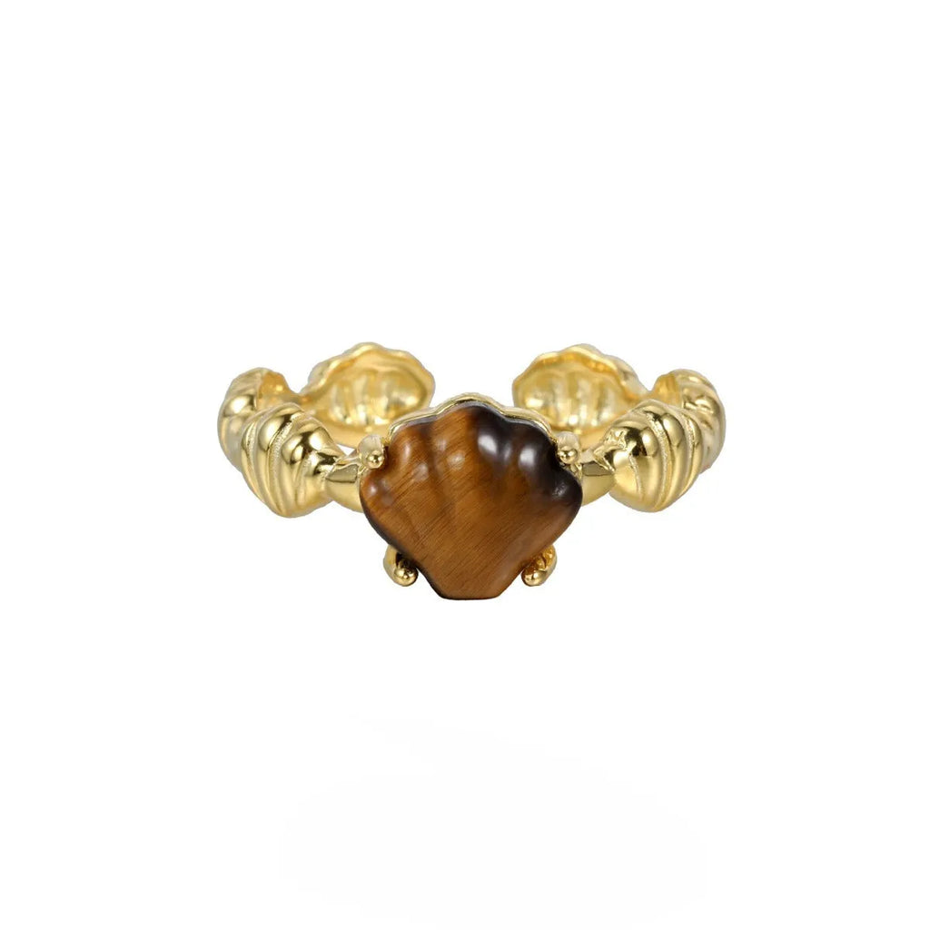 Women's adjustable silver ring featuring a shell and tiger eye stone with an electroplated gold tone finish.