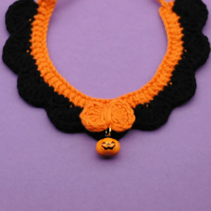Hand-crocheted wool Halloween collar for pets in pumpkin colours with adjustable sizing