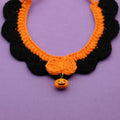 Hand-crocheted wool Halloween collar for pets in pumpkin colours with adjustable sizing