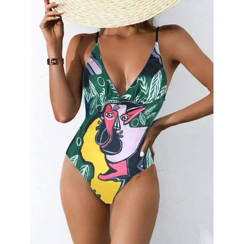 Women's plus size printed bikini swimsuit in solid blue, purple, green, or pink colours with backless design