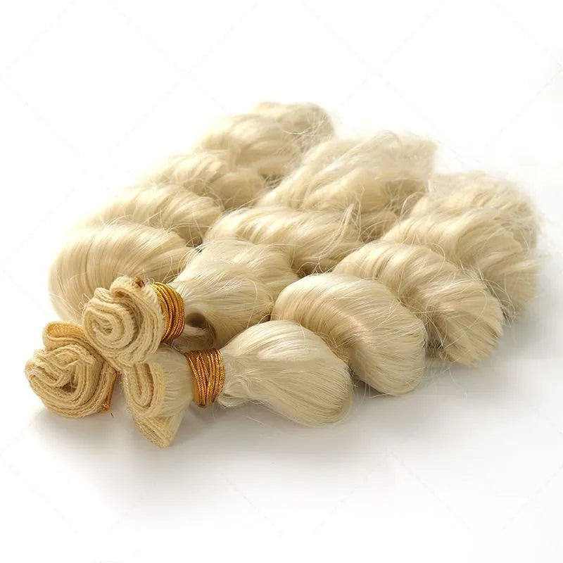 Golden synthetic hair weft wig for women in three length options.