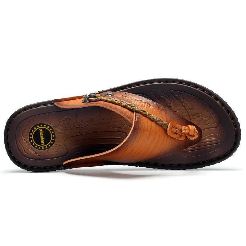 Men's dark blue herringbone pattern outdoor slippers with a rubber sole, shown in a plus size.