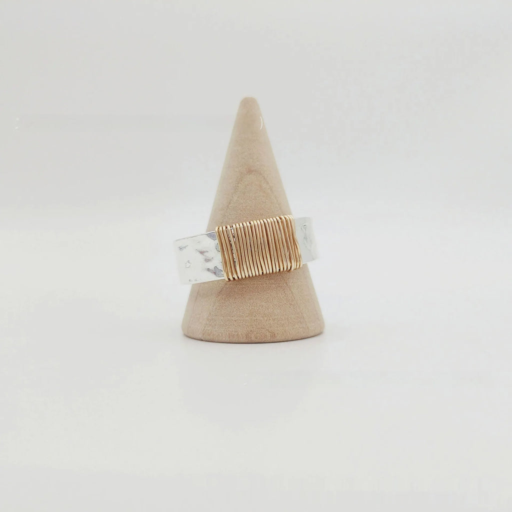 Copper simple bracelet wide face ring with electroplated silver golden coil finish showing geometric modelling