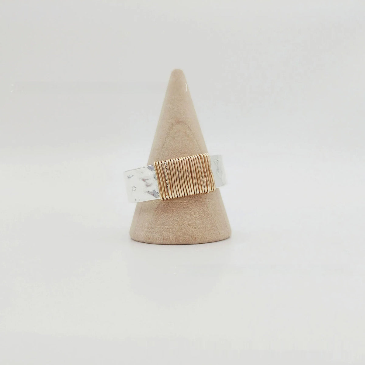 Copper simple bracelet wide face ring with electroplated silver golden coil finish showing geometric modelling