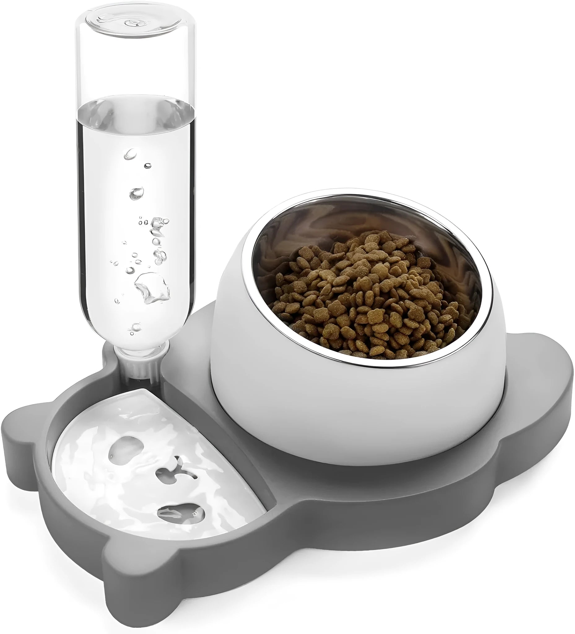 Grey and green panda-shaped automatic water dispenser and tilted pet food bowl set for cats and small dogs