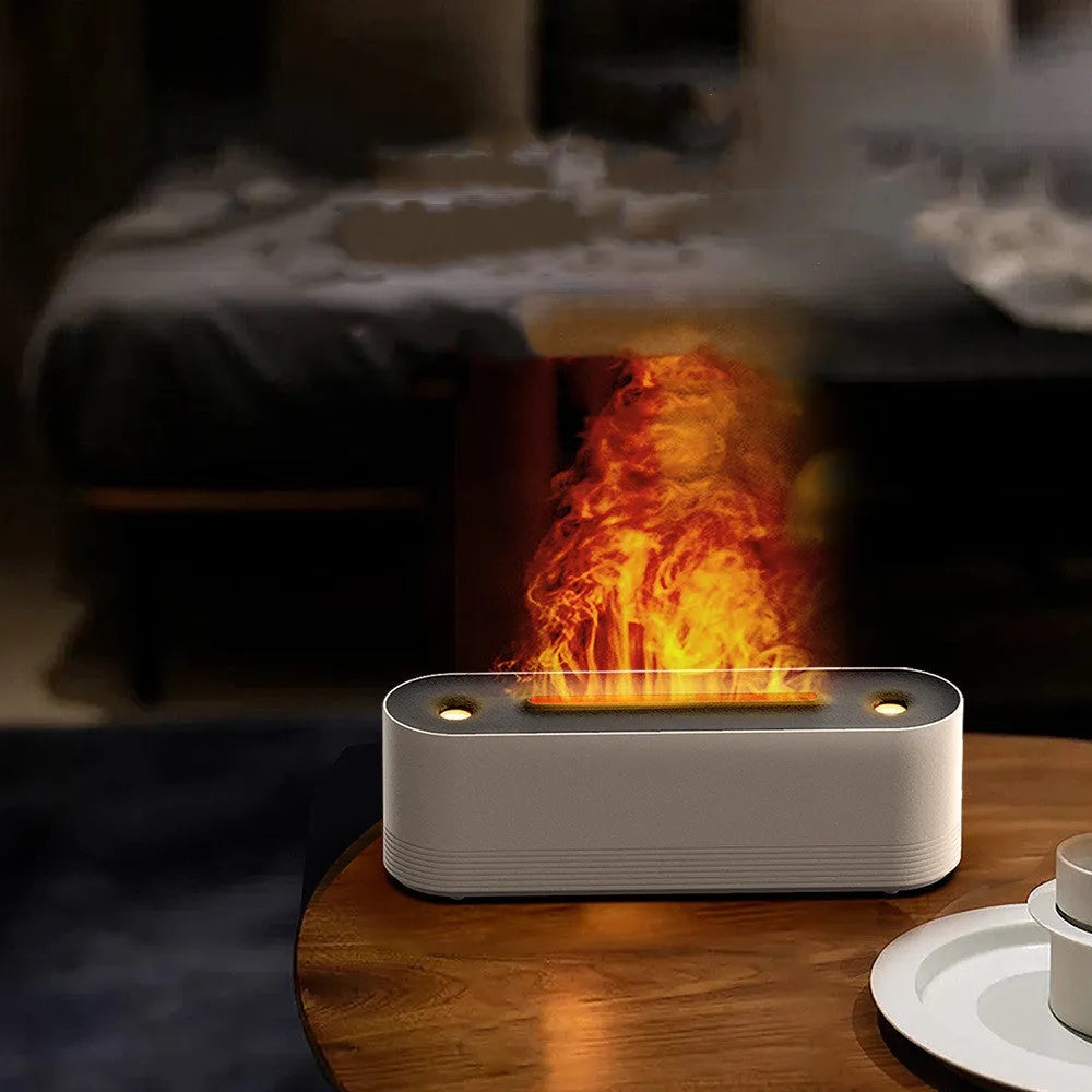 Black ultrasonic humidifier and aroma diffuser with LED flame lights emitting cool mist