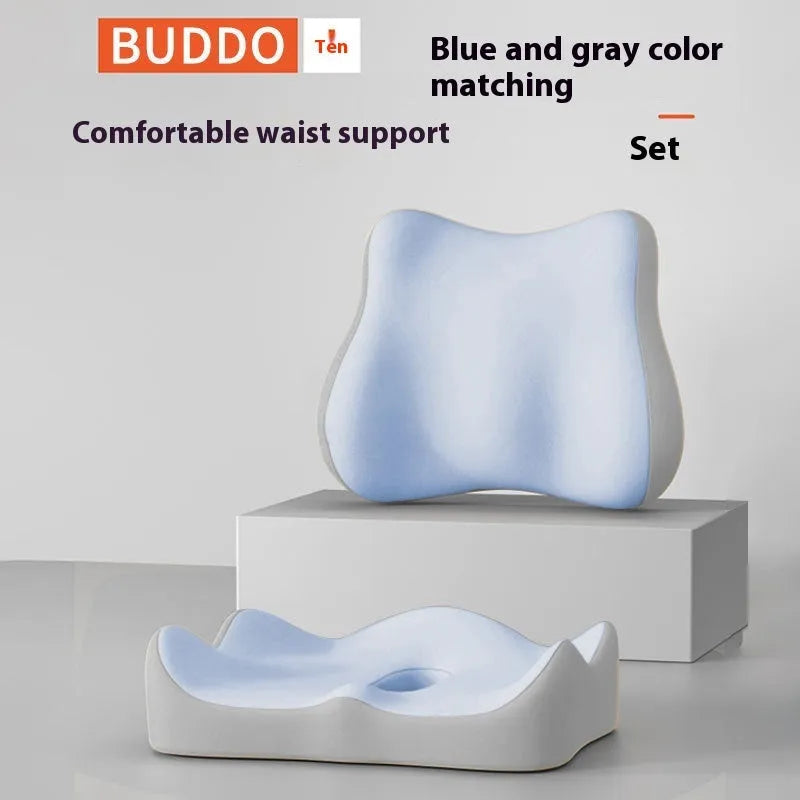 Memory foam seat cushion with waist rest support in blue and grey colour combination