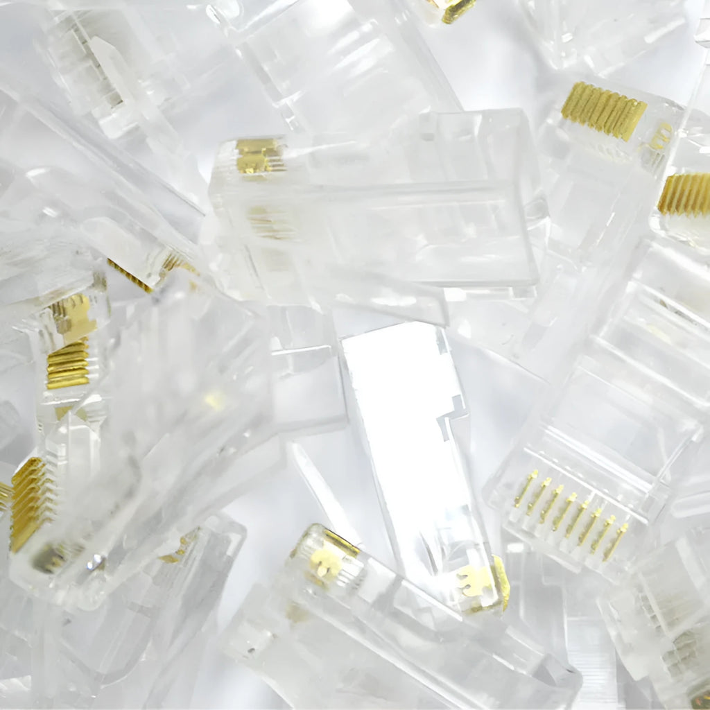 White RJ45 network modular plug with gold-plated three-fork contacts and all-copper inserts
