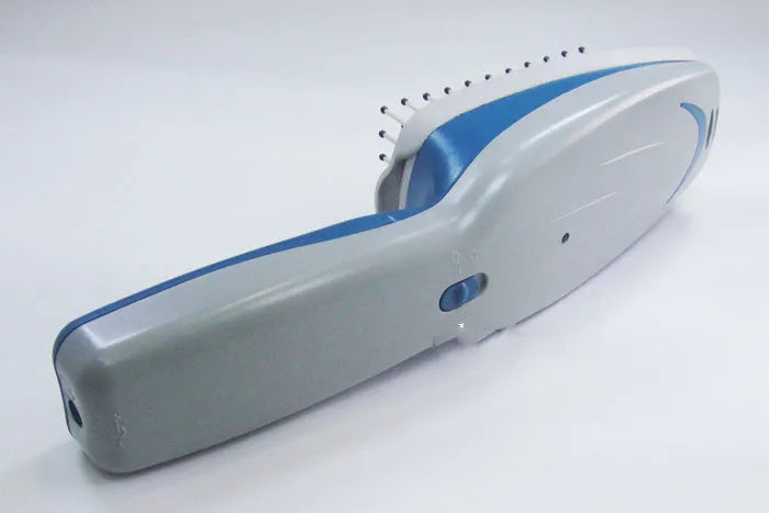 Pet comb with negative ion technology showing removable brush head and 78 comb teeth for grooming with active oxygen release