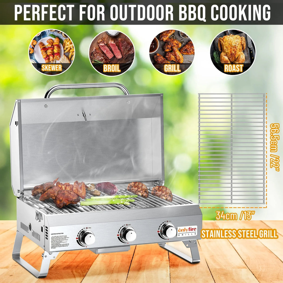 Silver stainless steel desktop gas barbecue grill with three burners and foldable legs