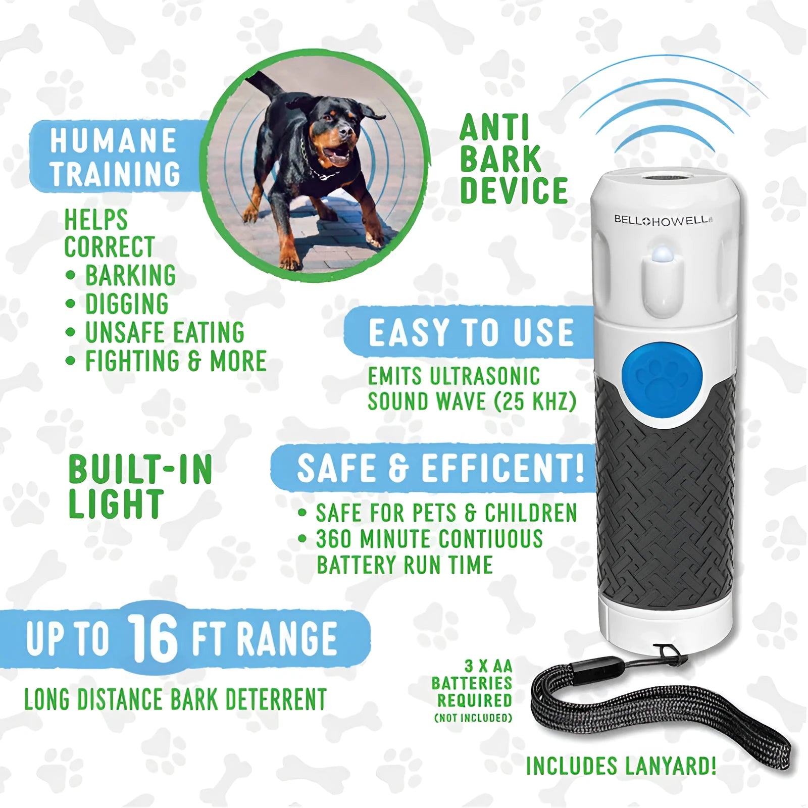 White handheld ultrasonic dog bark stop trainer device with ABS plastic construction