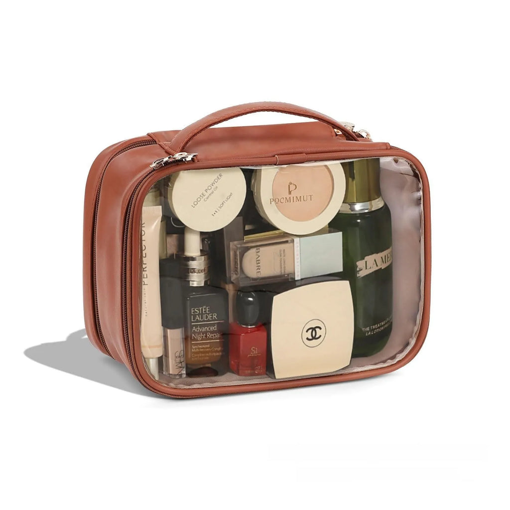 Transparent PVC leather cosmetic bag showing interior compartments for dry wet separation