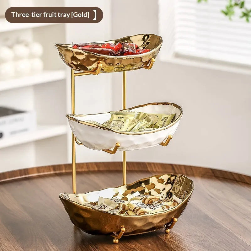 Multi-layer porcelain fruit tray with gold or silver electroplated stone texture frame, shown in double or triple tier.