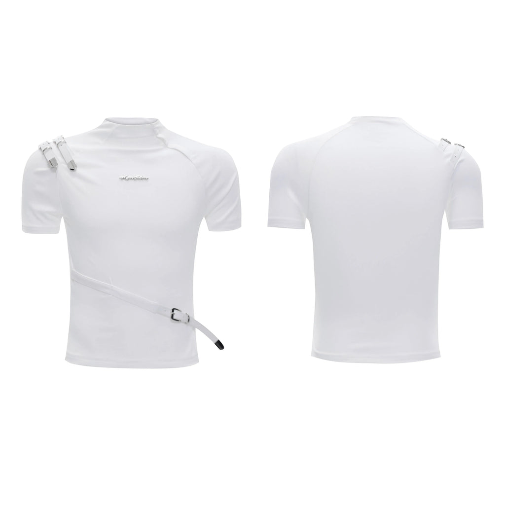 Men's black slim fit cotton T-shirt with a small stand-up collar and decorative metal belt stitching design.