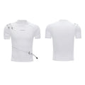 Men's black slim fit cotton T-shirt with a small stand-up collar and decorative metal belt stitching design.