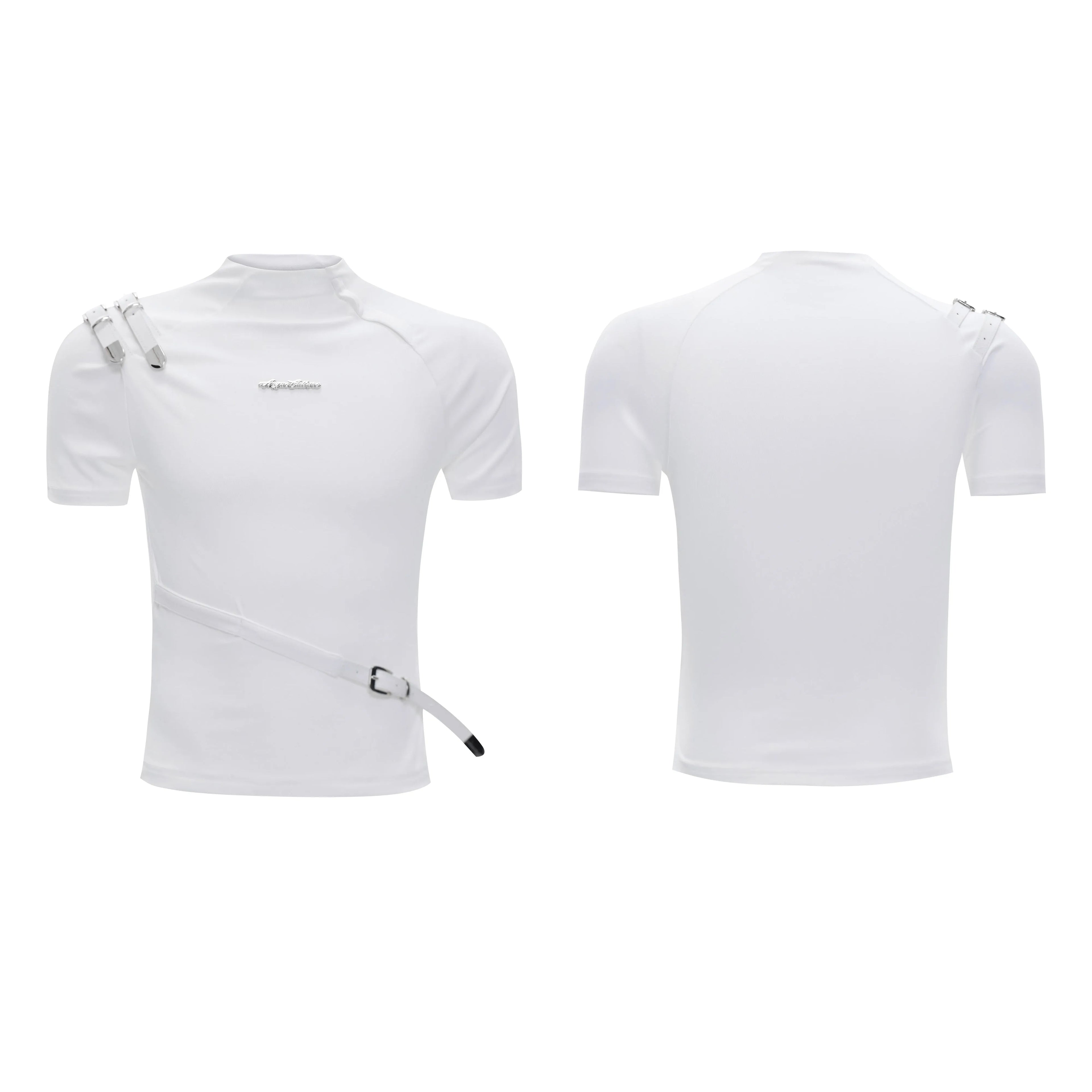 Men's black slim fit cotton T-shirt with a small stand-up collar and decorative metal belt stitching design.