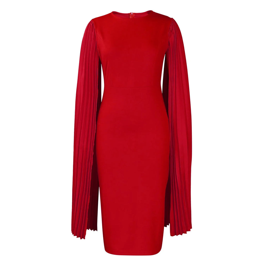Women's long sleeve evening gown with pleated shawl collar and high waist in a choice of colours.