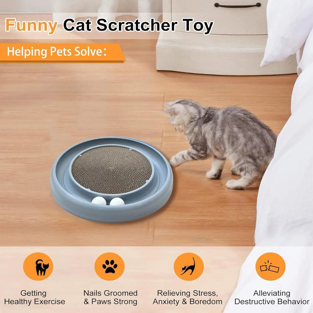 Round cat scratching board with ball track, 16 inch base, 11 inch reversible pad, Blue Gray Green or Purple.