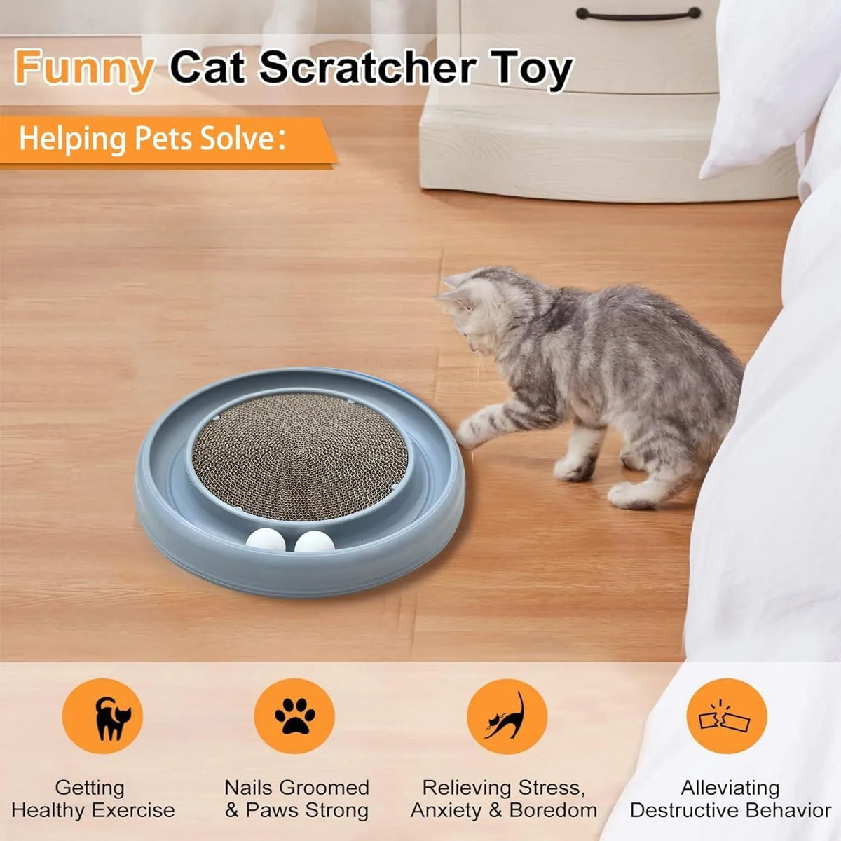 Round cat scratching board with ball track, 16 inch base, 11 inch reversible pad, Blue Gray Green or Purple.