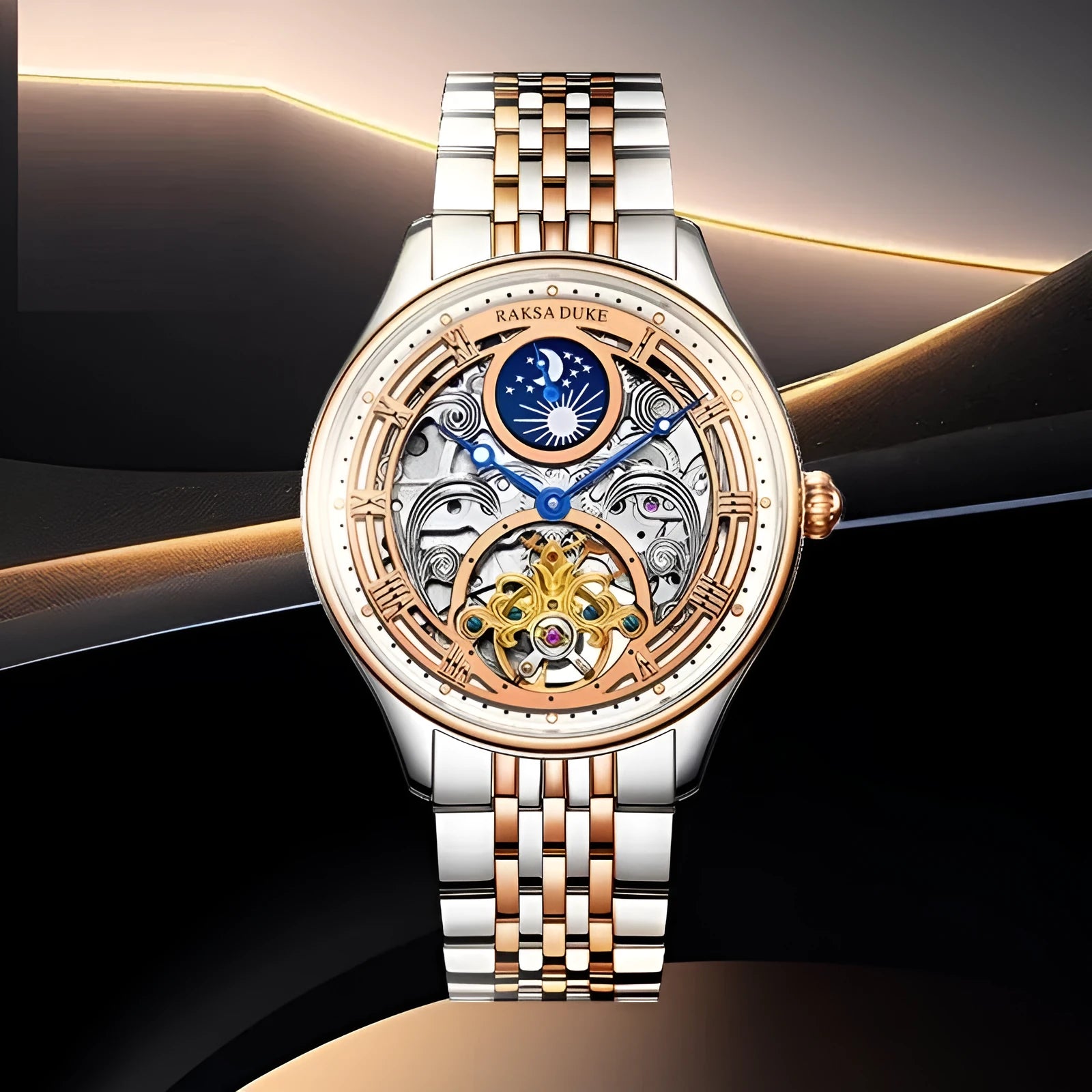 Men's waterproof business watch with steel strap in rose gold and white steel colour options