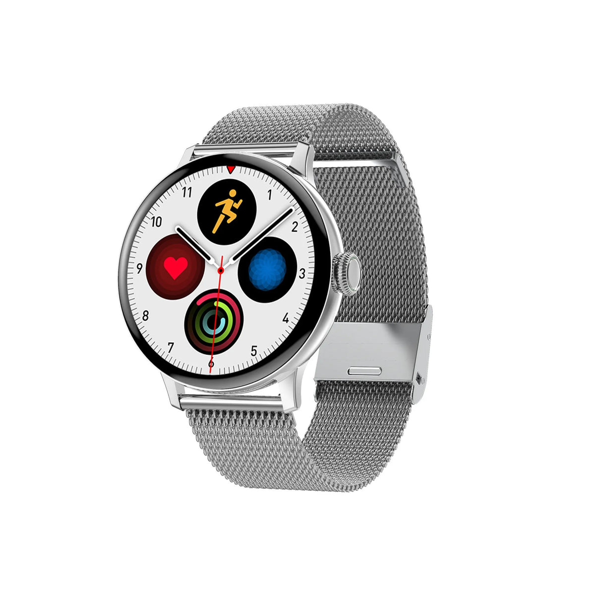 Round Bluetooth smart bracelet with touchscreen on a wrist, showing call and heart rate functions.