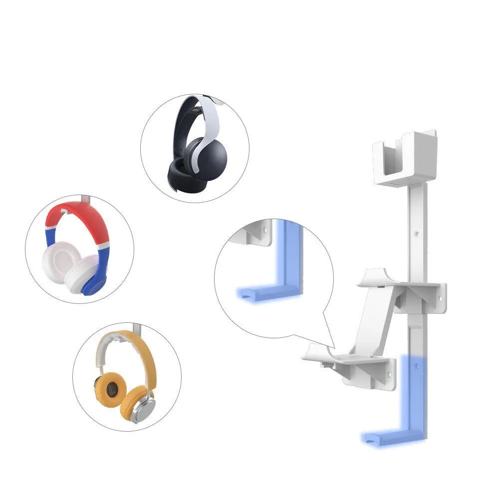 White and black ABS wall-mounted storage hooks holding gaming controllers and headphones