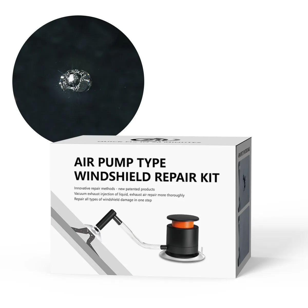 Plastic car windscreen crack repair tool and DIY stone chip repair kit on a flat surface.