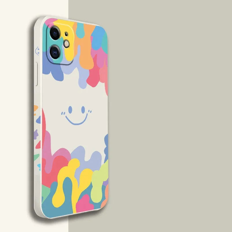 Rainbow smiley face print TPU phone case with attached lanyard in white or black colour options