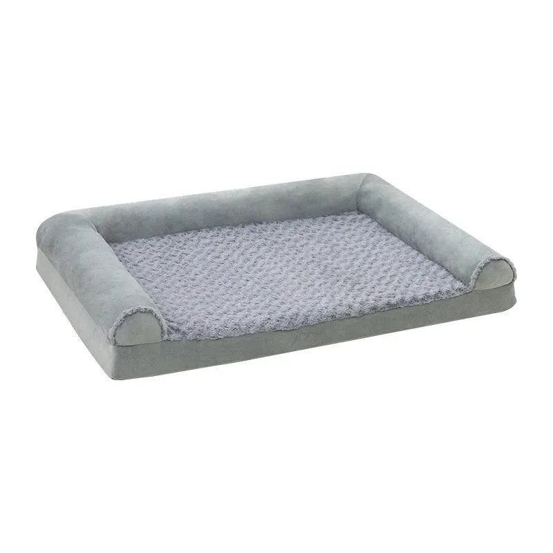 Cloth dog kennel in light grey showing removable cover and three size options for medium to large breeds