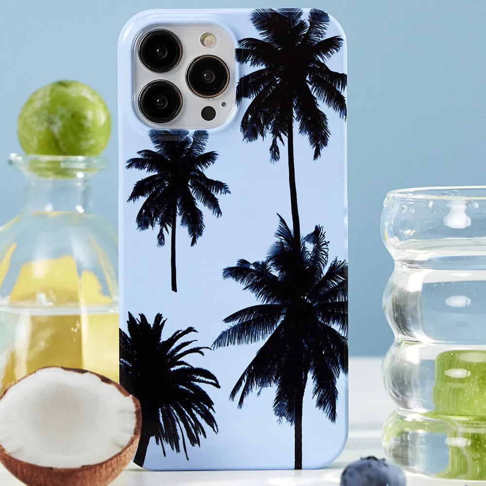 iPhone protective case with a summer coconut design pattern, showing front and back views.