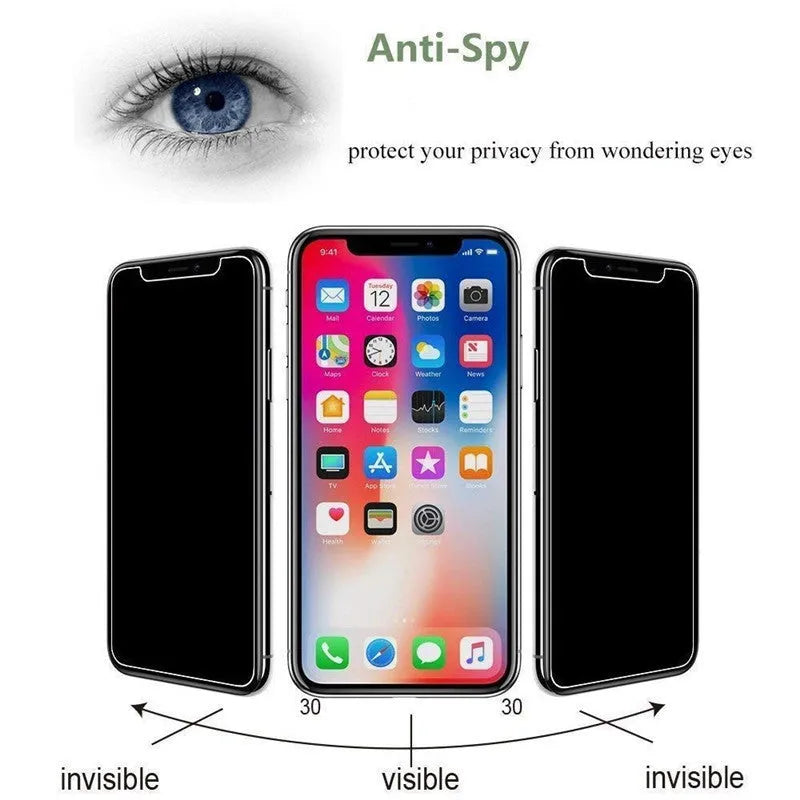 Black anti-peeping tempered glass screen protector for iPhone showing privacy filter effect
