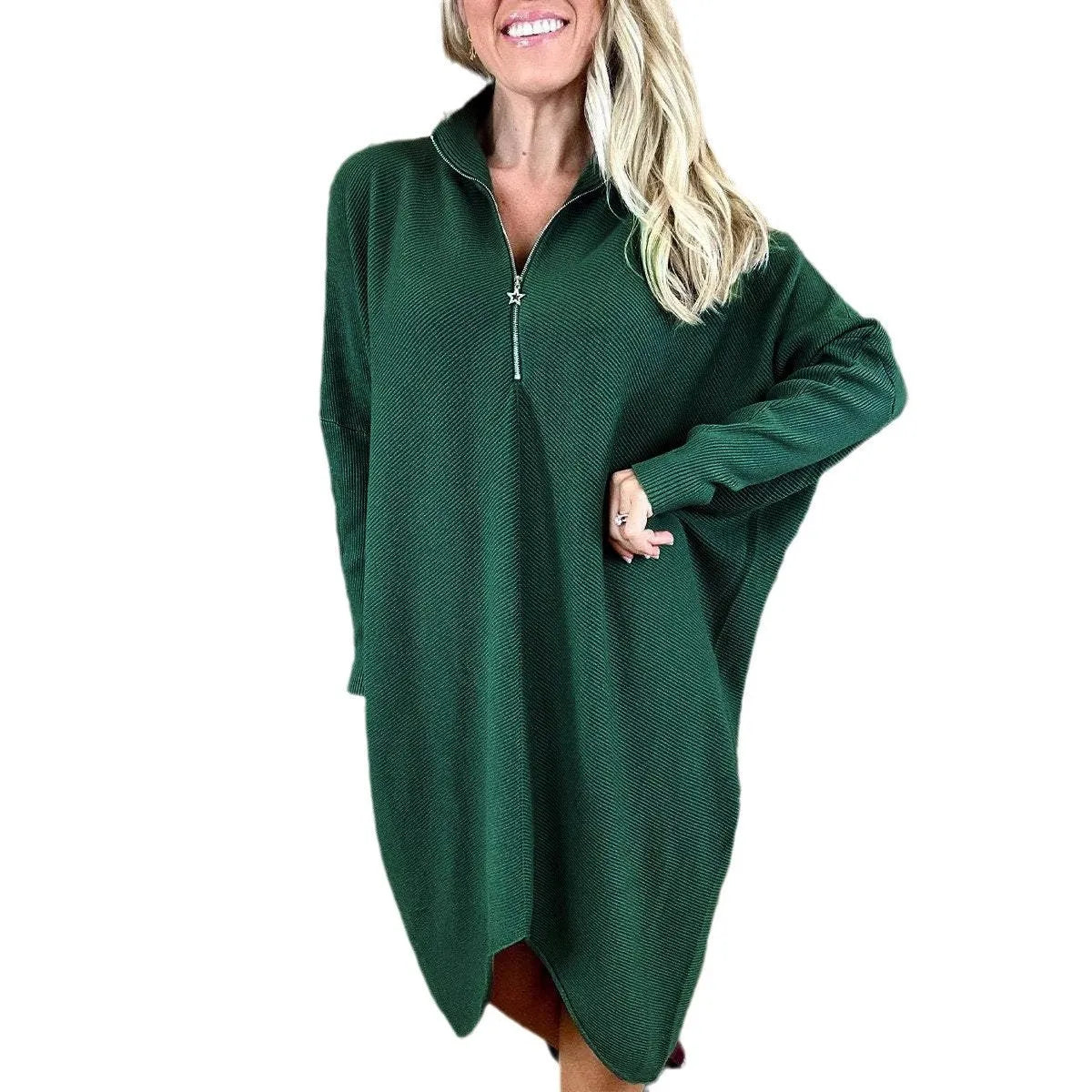 Women's solid colour loose fit knitted dress with raglan sleeves and a front zipper detail.
