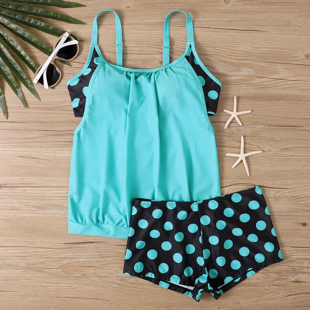 Women's polka dot boxer swimsuit in high-waisted briefs style for swimming